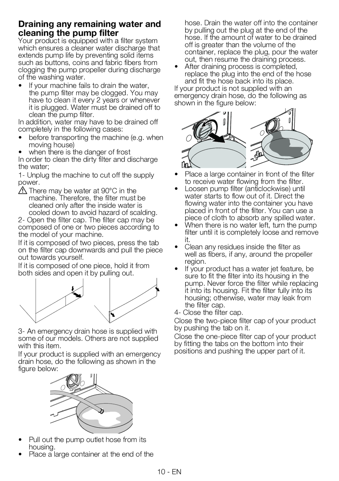 Smeg LBS85-9, LBS65-9 manual Draining any remaining water, Cleaning the pump filter 