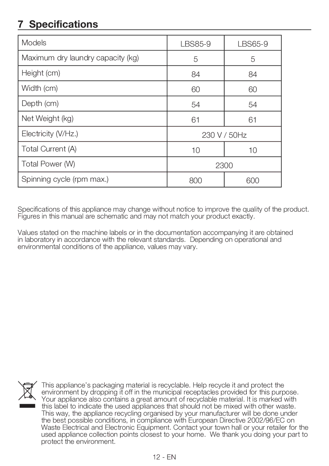 Smeg LBS85-9, LBS65-9 manual Specifications 