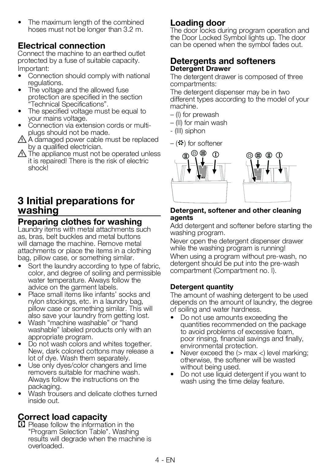 Smeg LBS85-9, LBS65-9 manual Initial preparations for Washing 