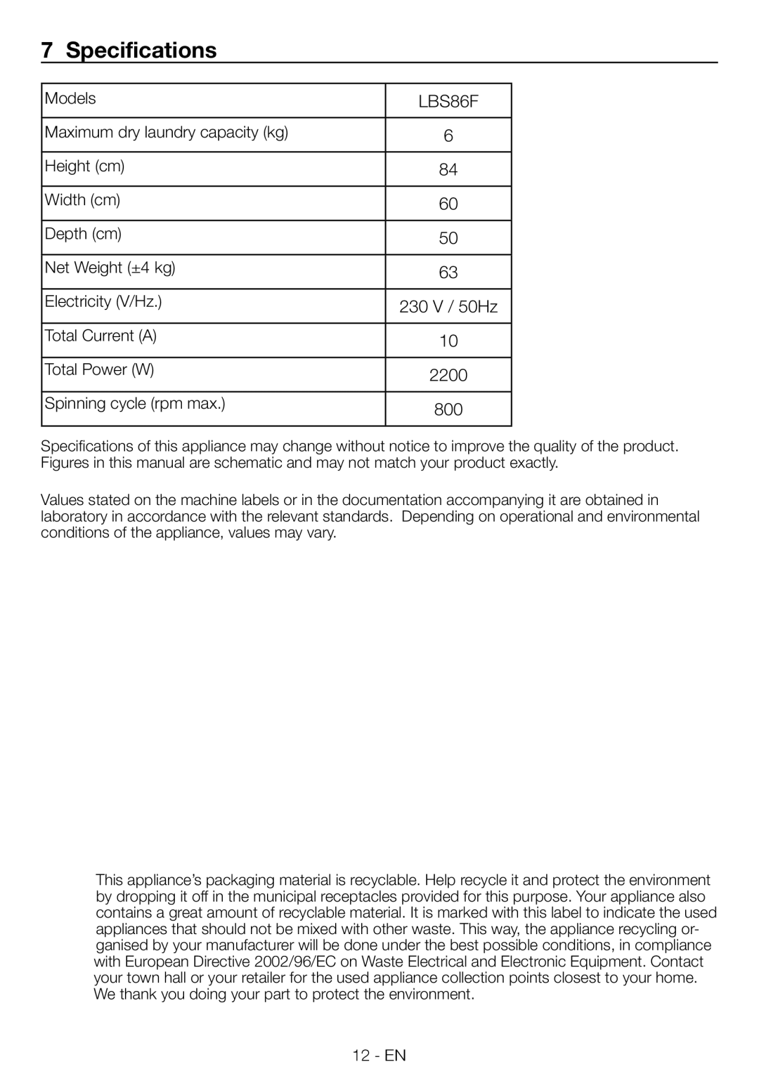 Smeg LBS86F manual Specifications 