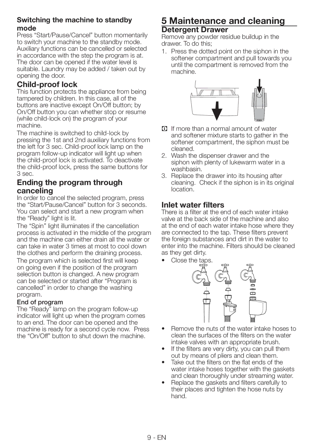 Smeg LBS86F manual Maintenance and cleaning, Child-proof lock, Ending the program through canceling, Detergent Drawer 