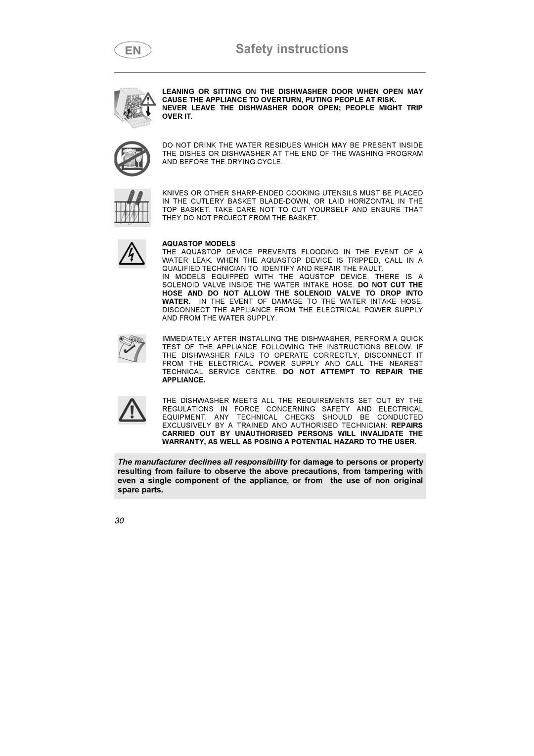 Smeg LFU-453IT, LF-453IT instruction manual Aquastop Models 