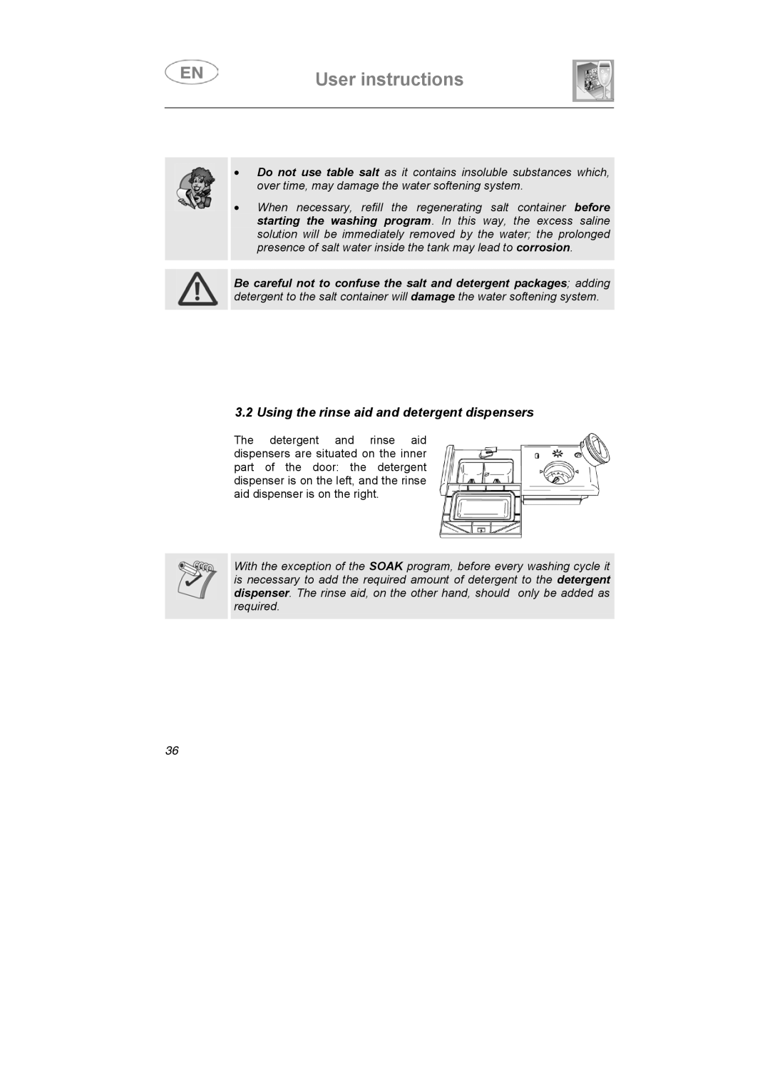 Smeg LFU-453IT, LF-453IT instruction manual Using the rinse aid and detergent dispensers 