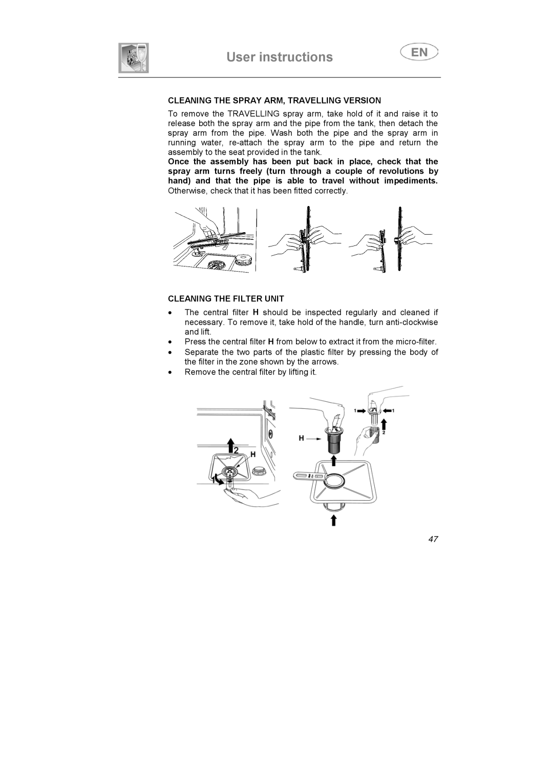 Smeg LF-453IT, LFU-453IT instruction manual Cleaning the Spray ARM, Travelling Version, Cleaning the Filter Unit 