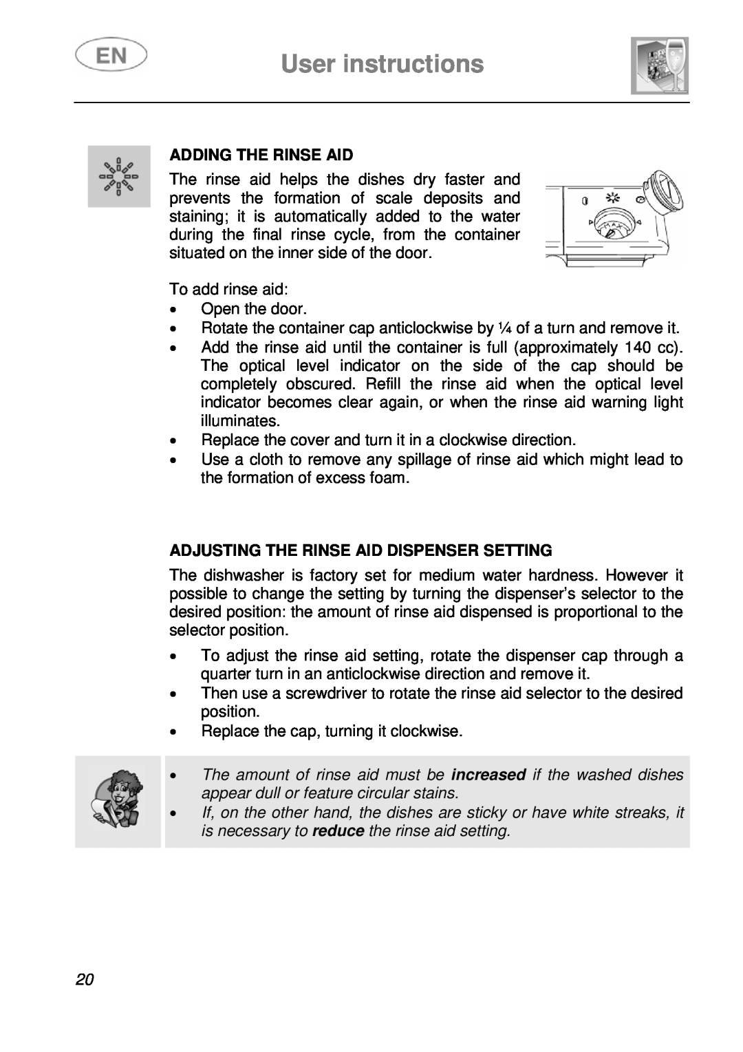 Smeg LS19-7 instruction manual User instructions, Adding The Rinse Aid, Adjusting The Rinse Aid Dispenser Setting 