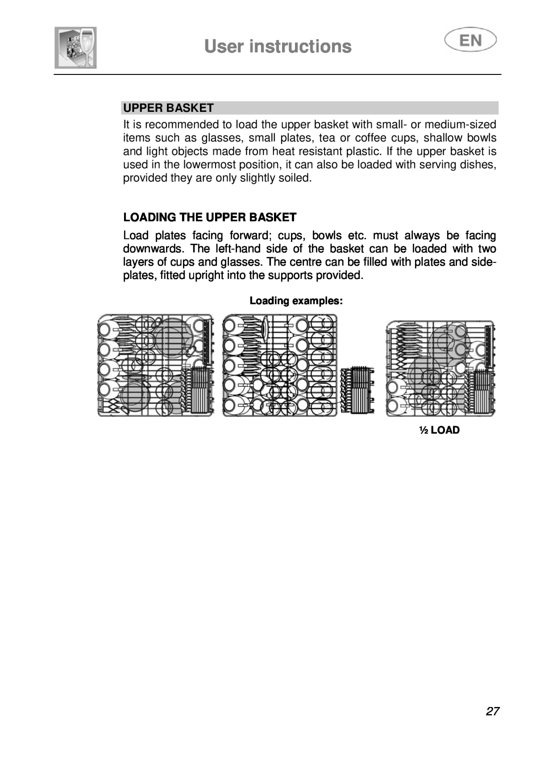 Smeg LS19-7 instruction manual User instructions, Loading The Upper Basket 