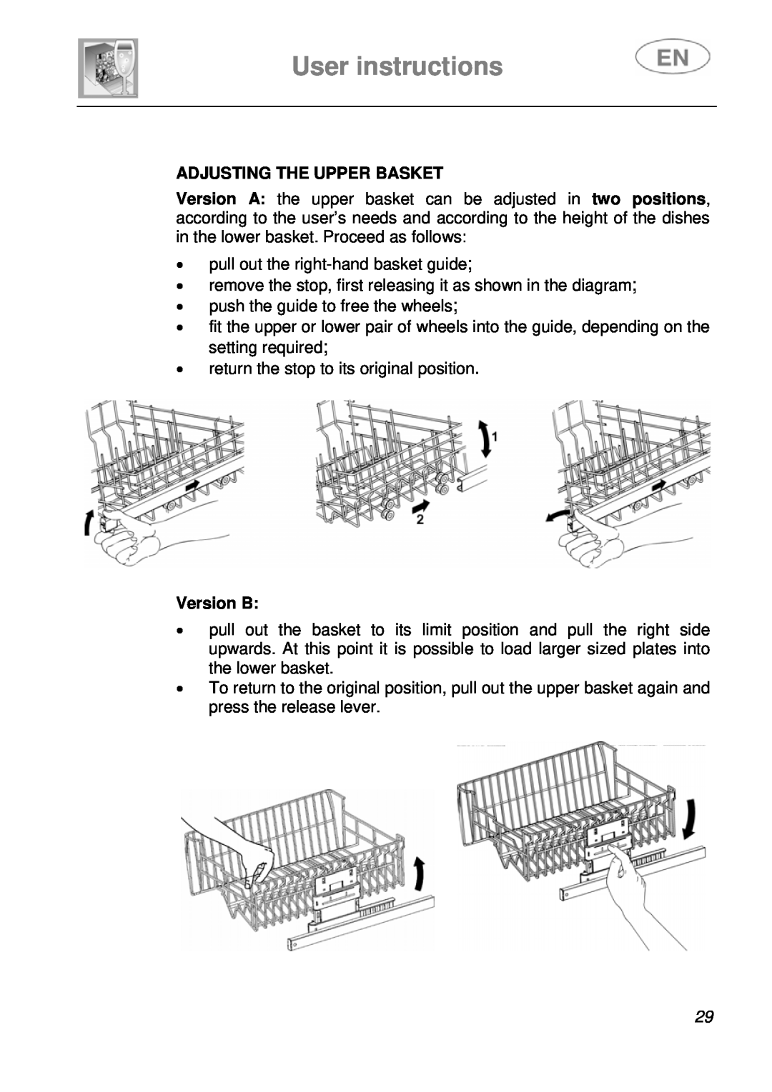 Smeg LS19-7 instruction manual User instructions, Adjusting The Upper Basket, Version B 