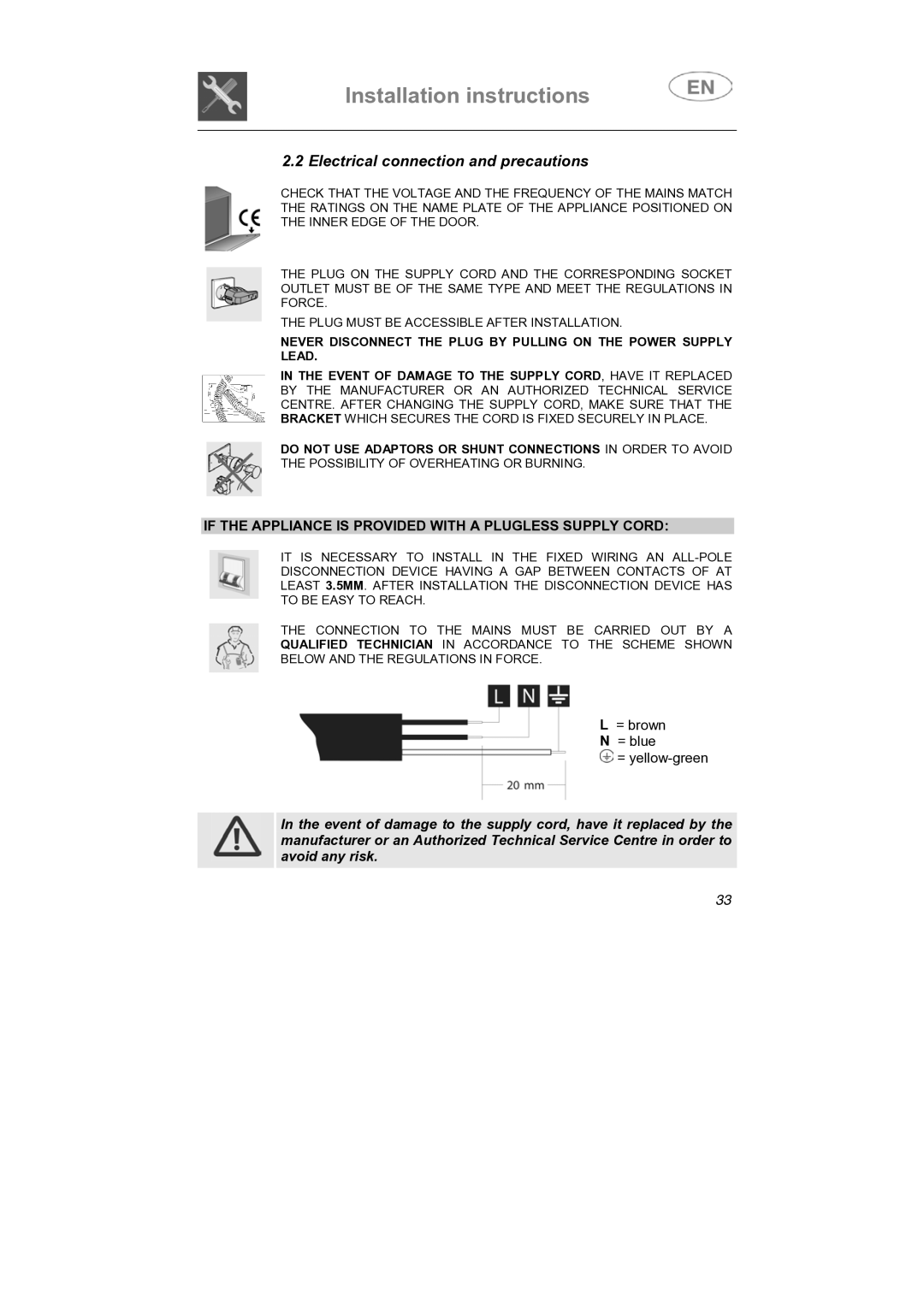 Smeg LS4647XH7 Electrical connection and precautions, If the Appliance is Provided with a Plugless Supply Cord 