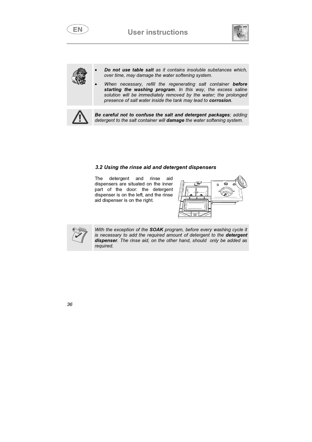 Smeg LS4647XH7 instruction manual Using the rinse aid and detergent dispensers 