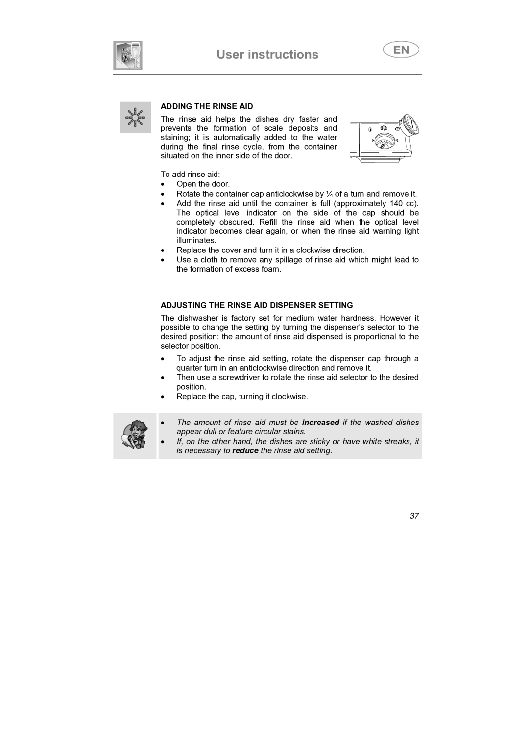 Smeg LS4647XH7 instruction manual Adding the Rinse AID, Adjusting the Rinse AID Dispenser Setting 