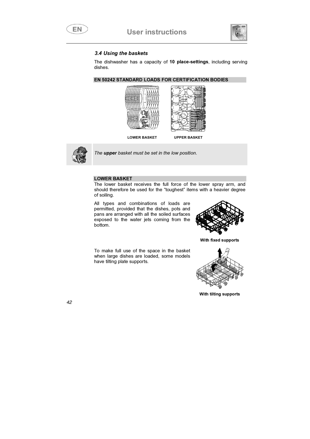 Smeg LS4647XH7 instruction manual Using the baskets, EN 50242 Standard Loads for Certification Bodies, Lower Basket 