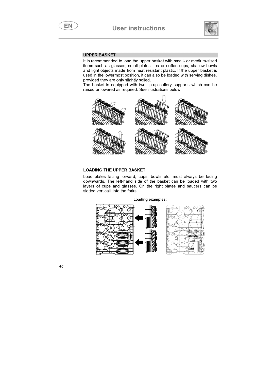 Smeg LS4647XH7 instruction manual Loading the Upper Basket 