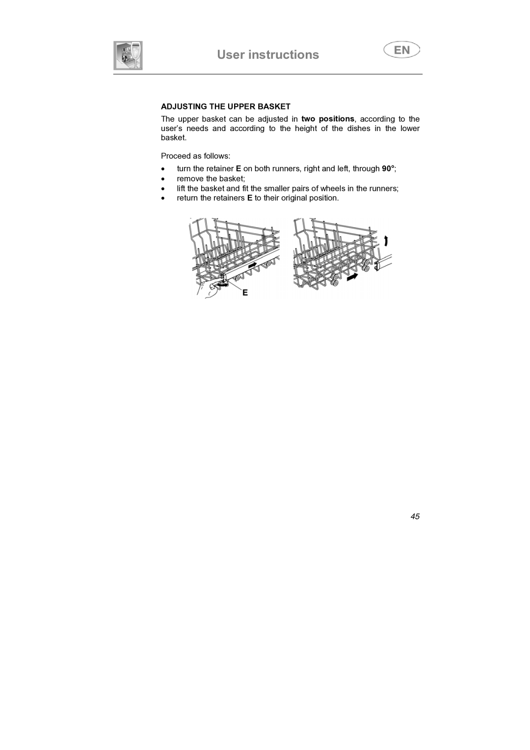 Smeg LS4647XH7 instruction manual Adjusting the Upper Basket 