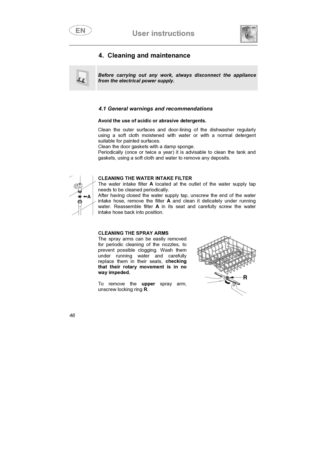 Smeg LS4647XH7 instruction manual Cleaning and maintenance, Cleaning the Water Intake Filter, Cleaning the Spray Arms 