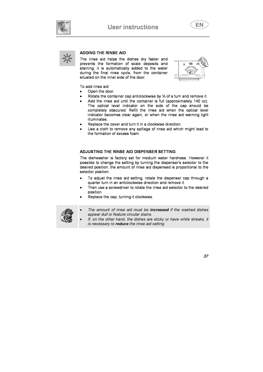 Smeg LS4647XH7 instruction manual User instructions, Adding The Rinse Aid, Adjusting The Rinse Aid Dispenser Setting 