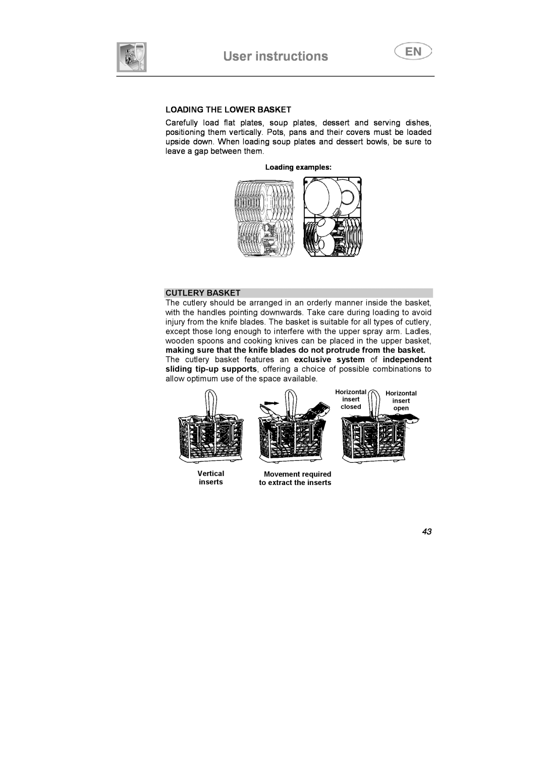 Smeg LS4647XH7 instruction manual User instructions, Loading The Lower Basket, Cutlery Basket 