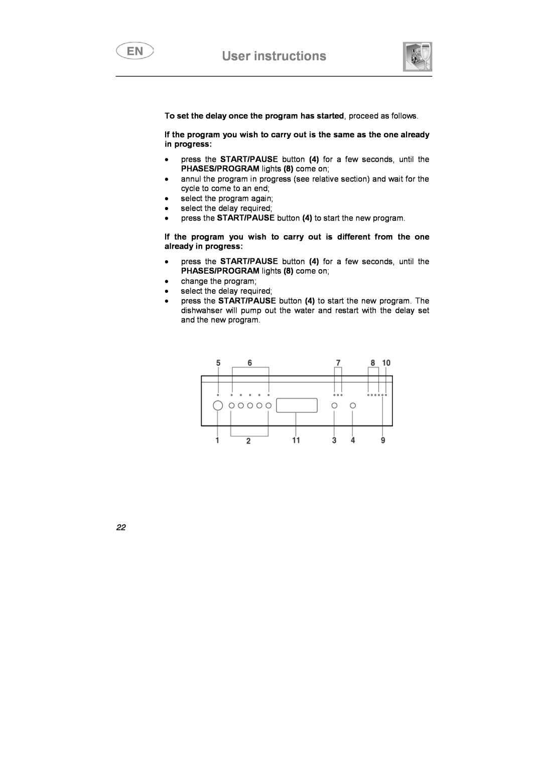 Smeg LS4647XH7 instruction manual User instructions, To set the delay once the program has started, proceed as follows 
