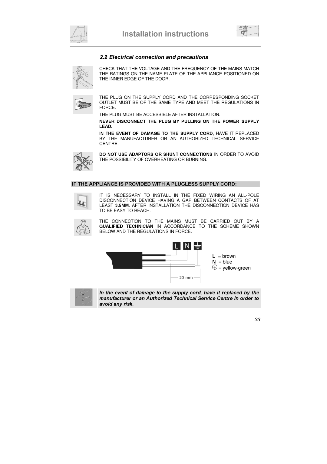 Smeg LS6147XH7 Electrical connection and precautions, If the Appliance is Provided with a Plugless Supply Cord 