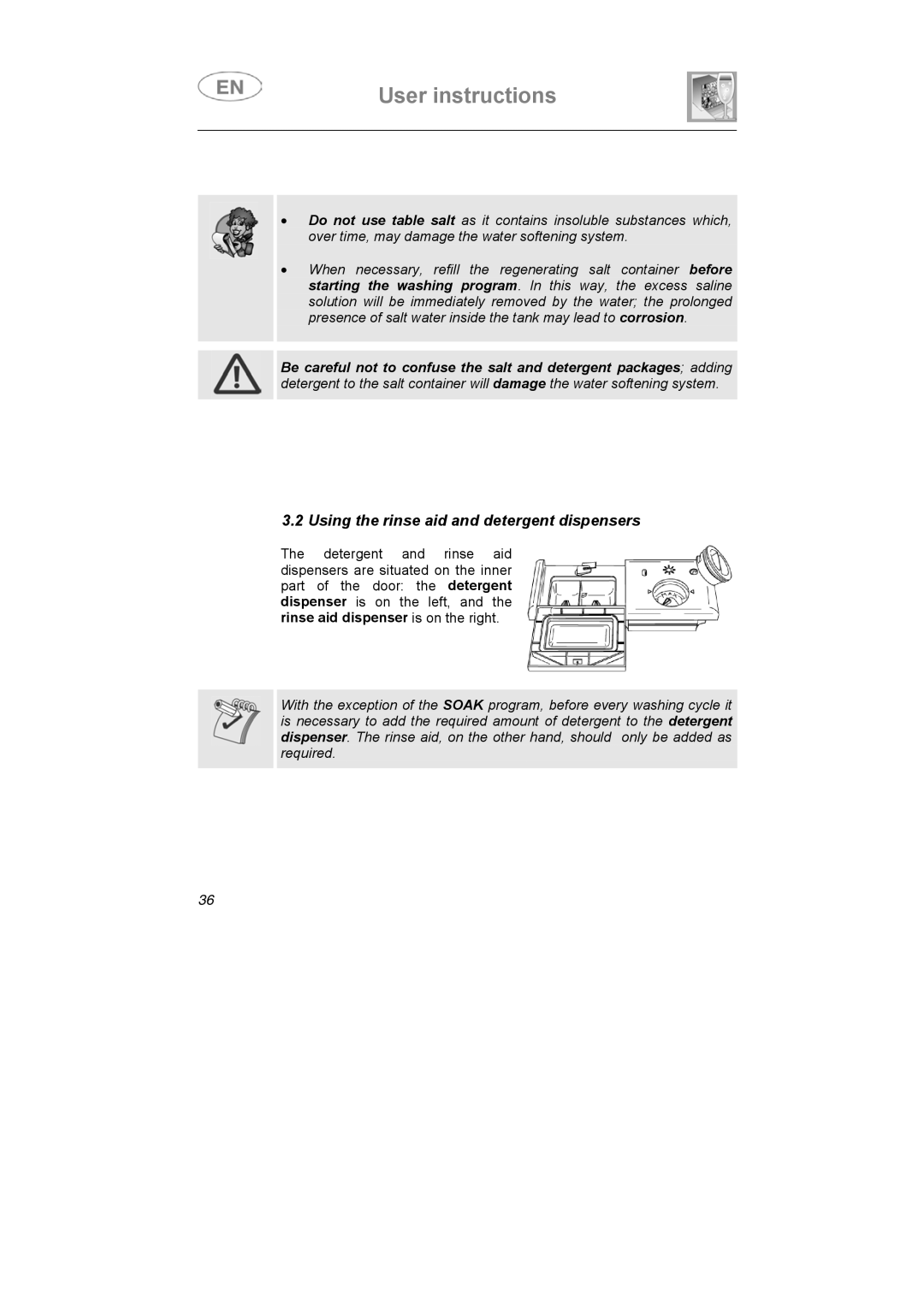 Smeg LS6147XH7 instruction manual Using the rinse aid and detergent dispensers 