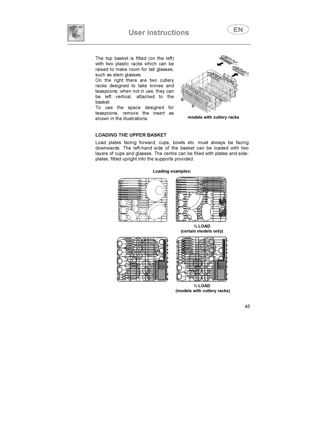 Smeg LS6147XH7 instruction manual Loading the Upper Basket 