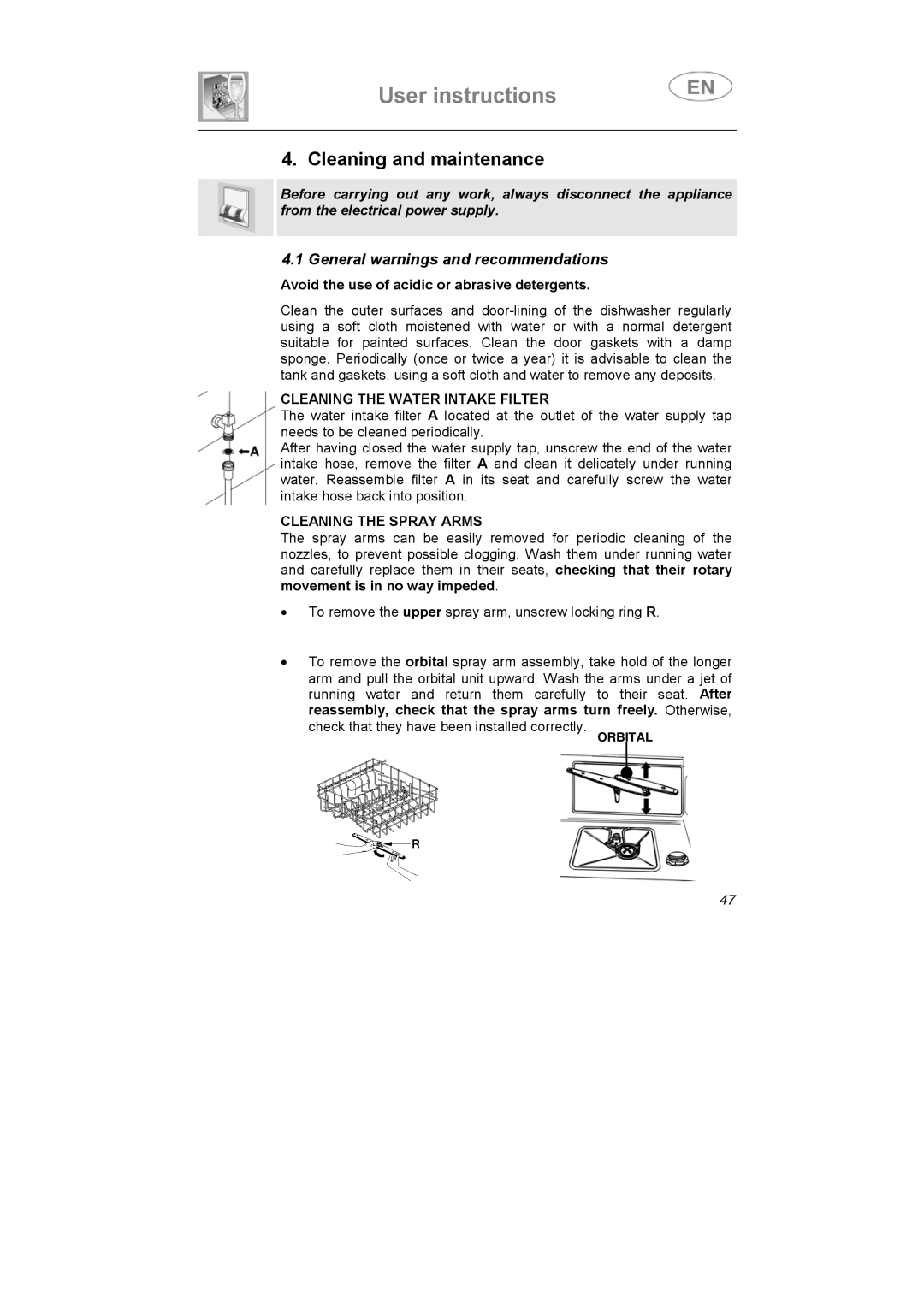 Smeg LS6147XH7 instruction manual Cleaning and maintenance, Cleaning the Water Intake Filter, Cleaning the Spray Arms 