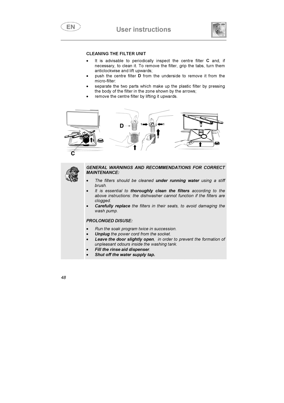 Smeg LS6147XH7 instruction manual Cleaning the Filter Unit, Prolonged Disuse 