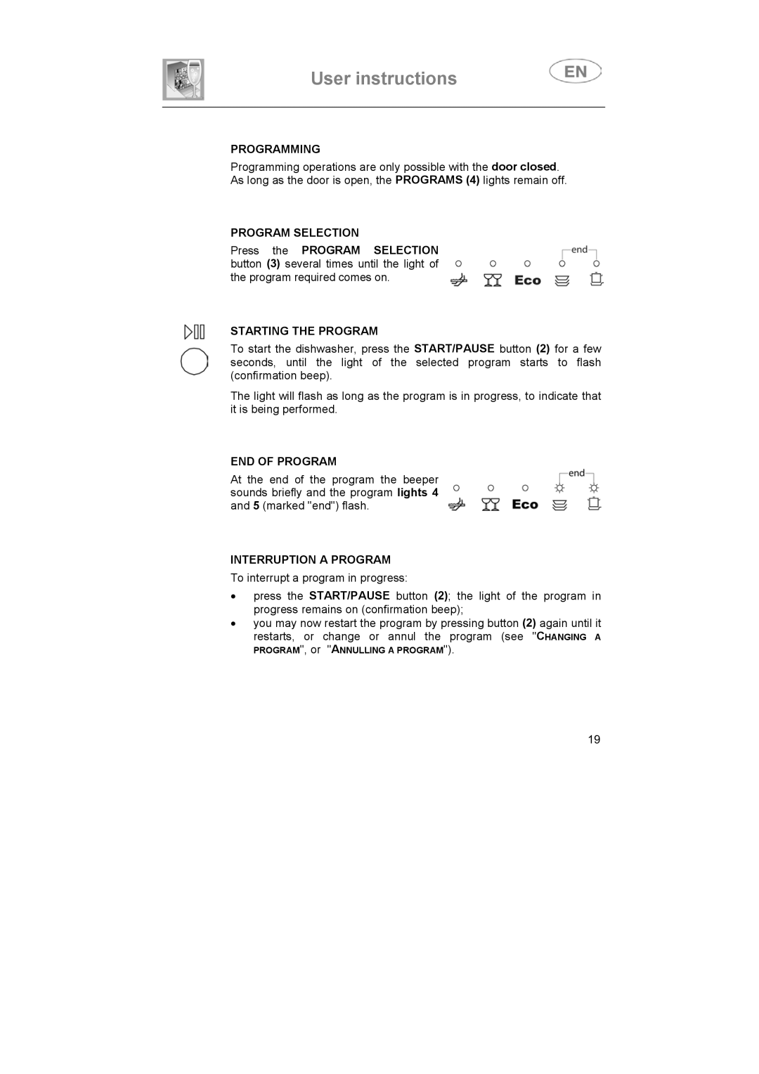 Smeg LS6147XH7 Programming, Program Selection, Starting the Program, END of Program, Interruption a Program 