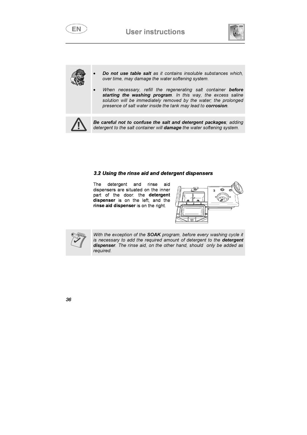 Smeg LS6147XH7 instruction manual User instructions, Using the rinse aid and detergent dispensers 