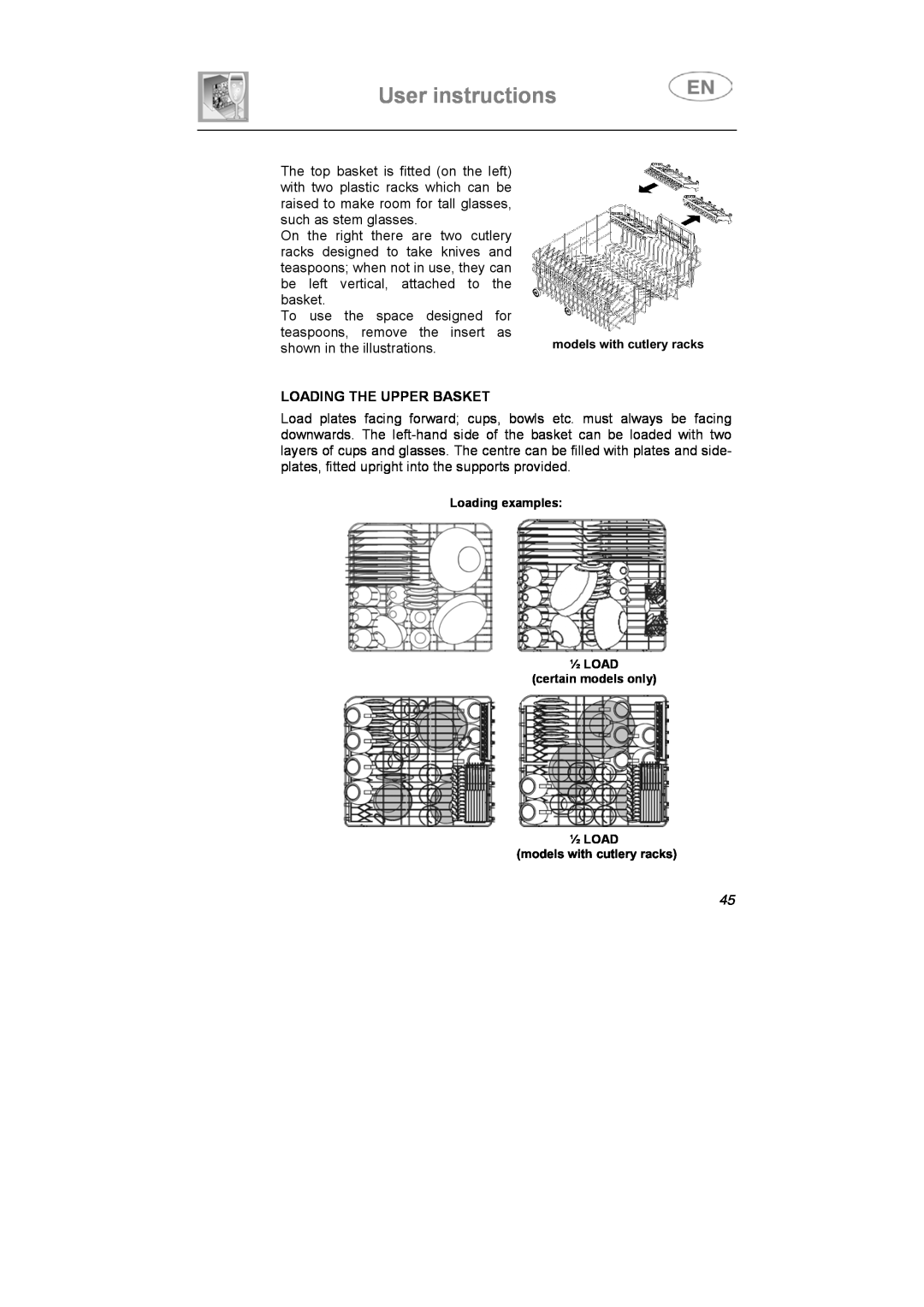 Smeg LS6147XH7 instruction manual User instructions, Loading The Upper Basket 