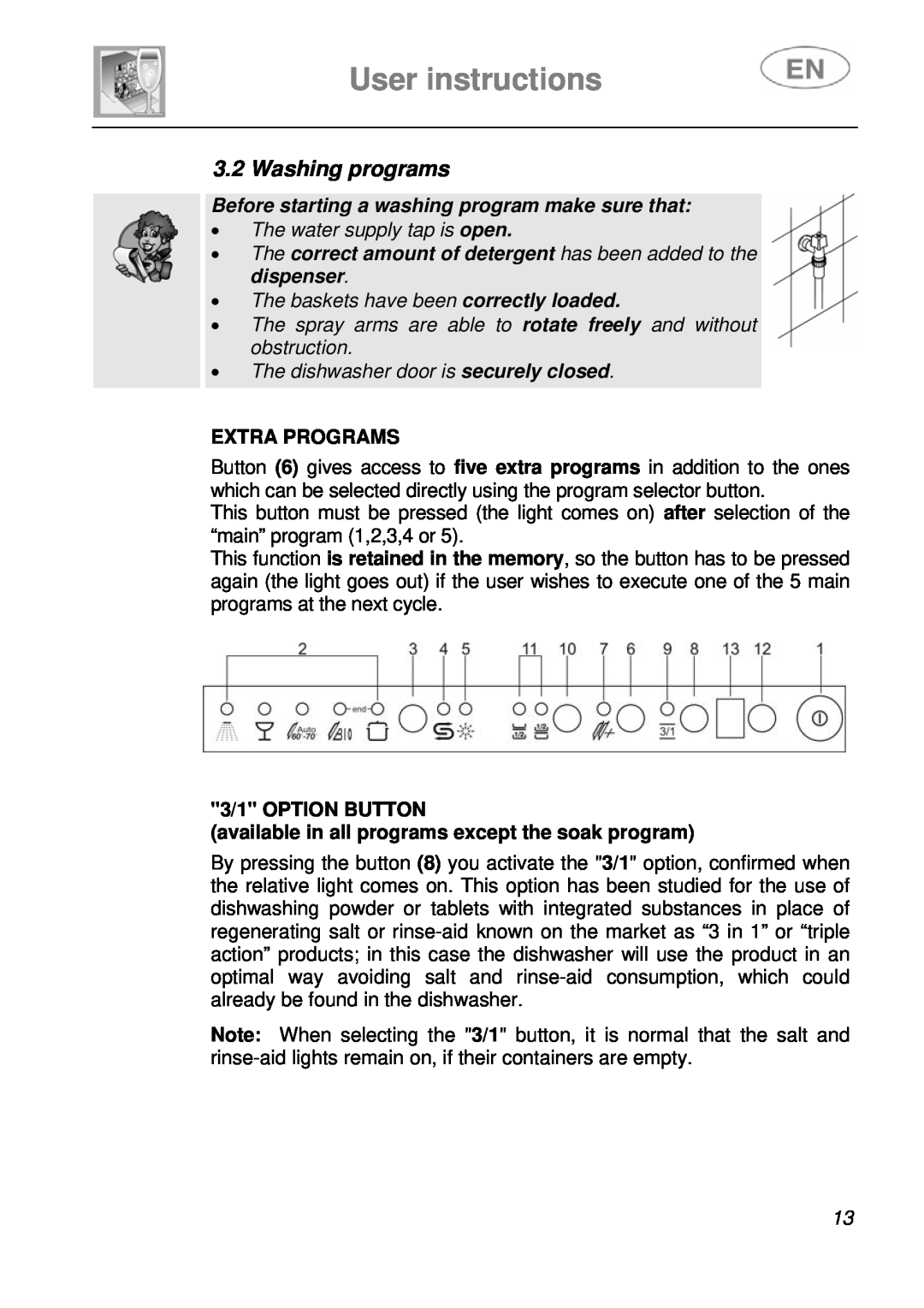 Smeg LSA14X7 User instructions, Washing programs, Before starting a washing program make sure that, Extra Programs 