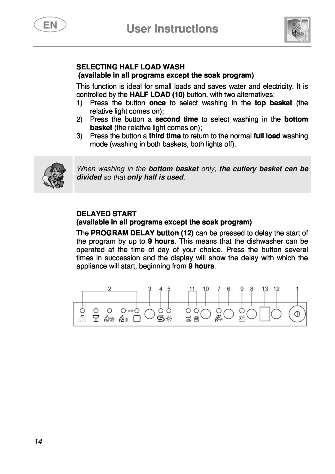 Smeg LSA14X7 User instructions, Selecting Half Load Wash, available in all programs except the soak program 