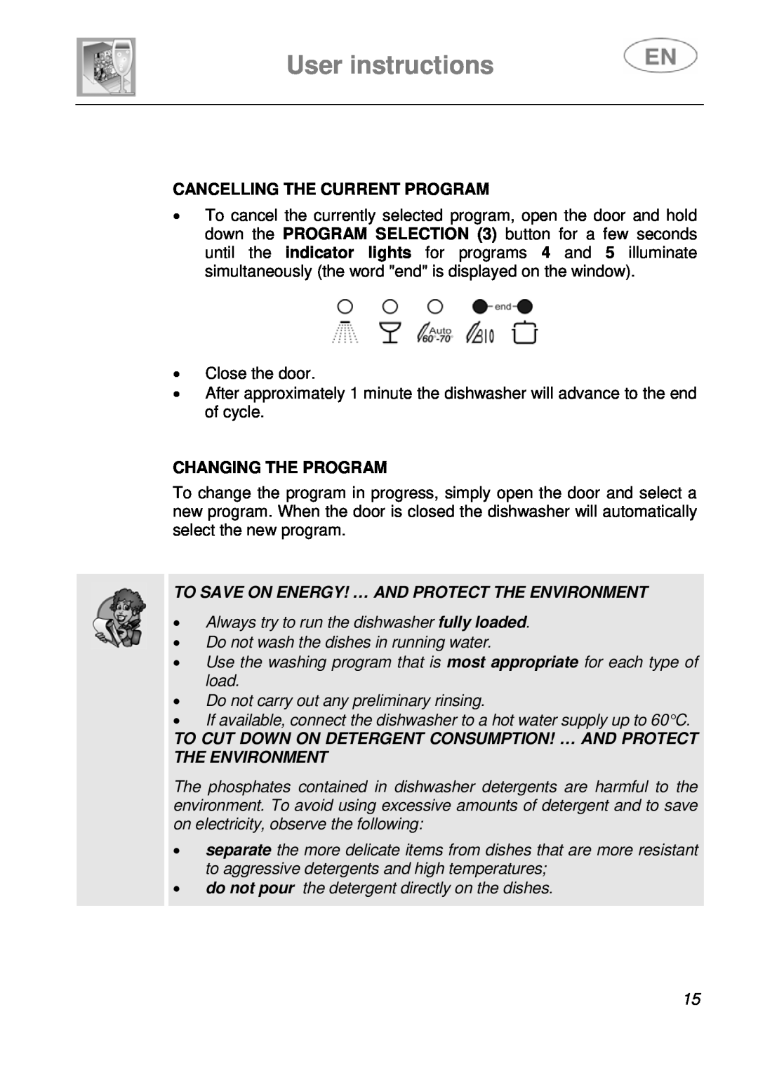 Smeg LSA14X7 instruction manual User instructions, Cancelling The Current Program, Changing The Program 