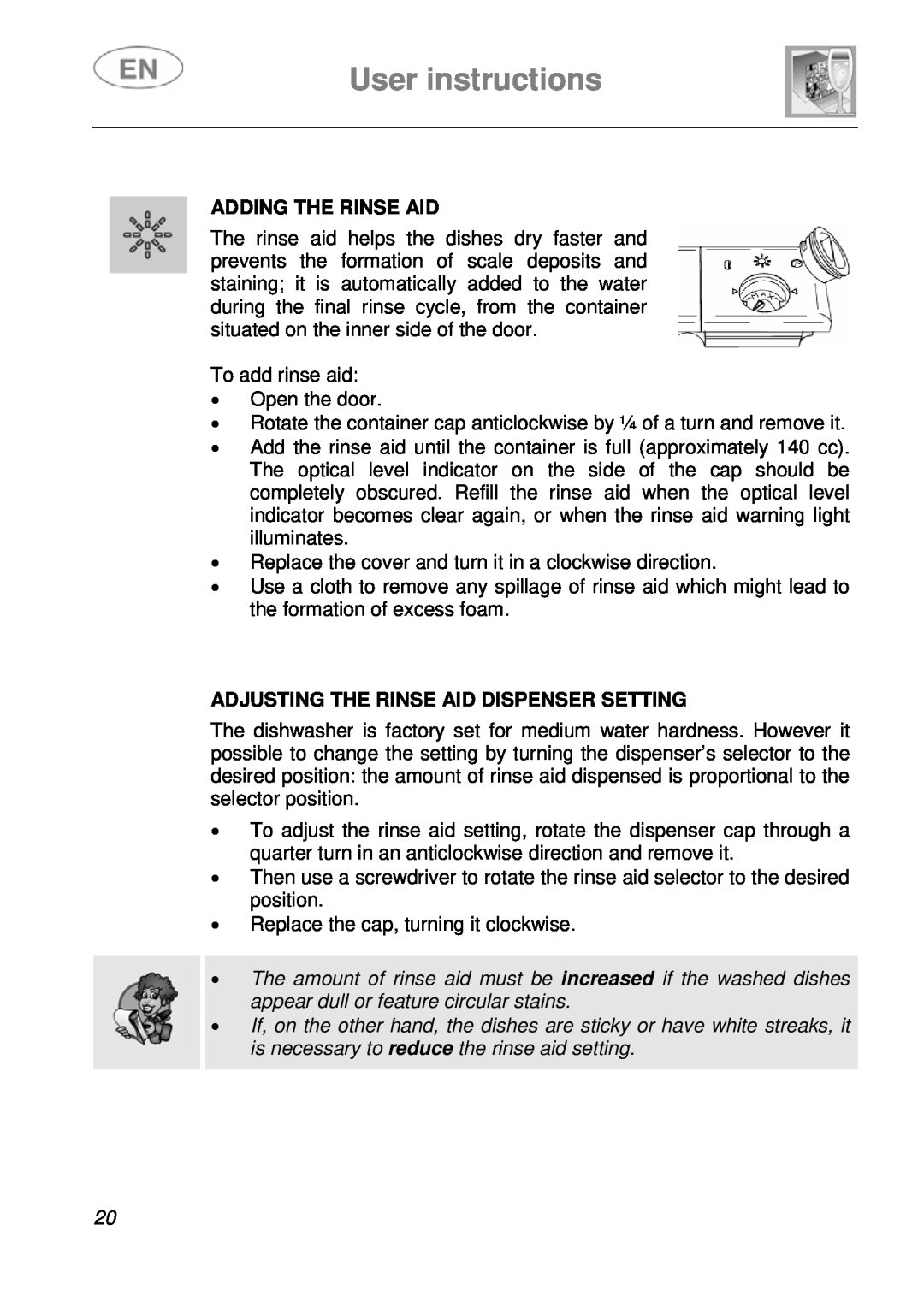 Smeg LSA14X7 instruction manual User instructions, Adding The Rinse Aid, Adjusting The Rinse Aid Dispenser Setting 