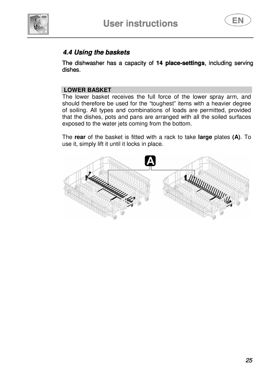 Smeg LSA14X7 instruction manual User instructions, Using the baskets, Lower Basket 