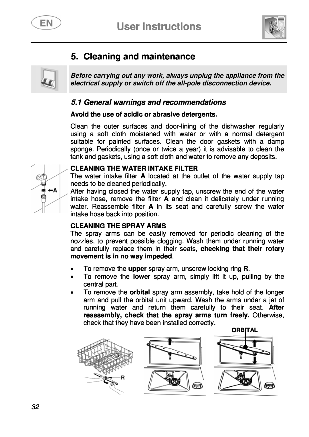 Smeg LSA14X7 Cleaning and maintenance, User instructions, General warnings and recommendations, Cleaning The Spray Arms 