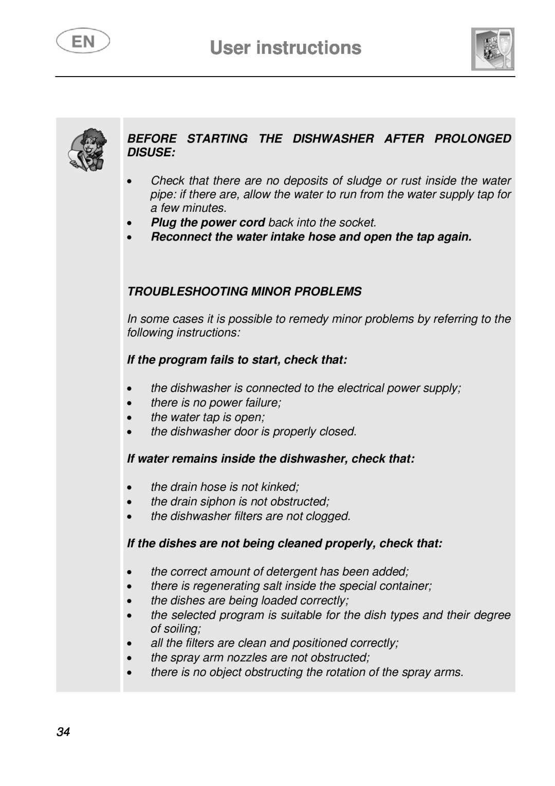 Smeg LSA14X7 User instructions, Before Starting The Dishwasher After Prolonged Disuse, Troubleshooting Minor Problems 