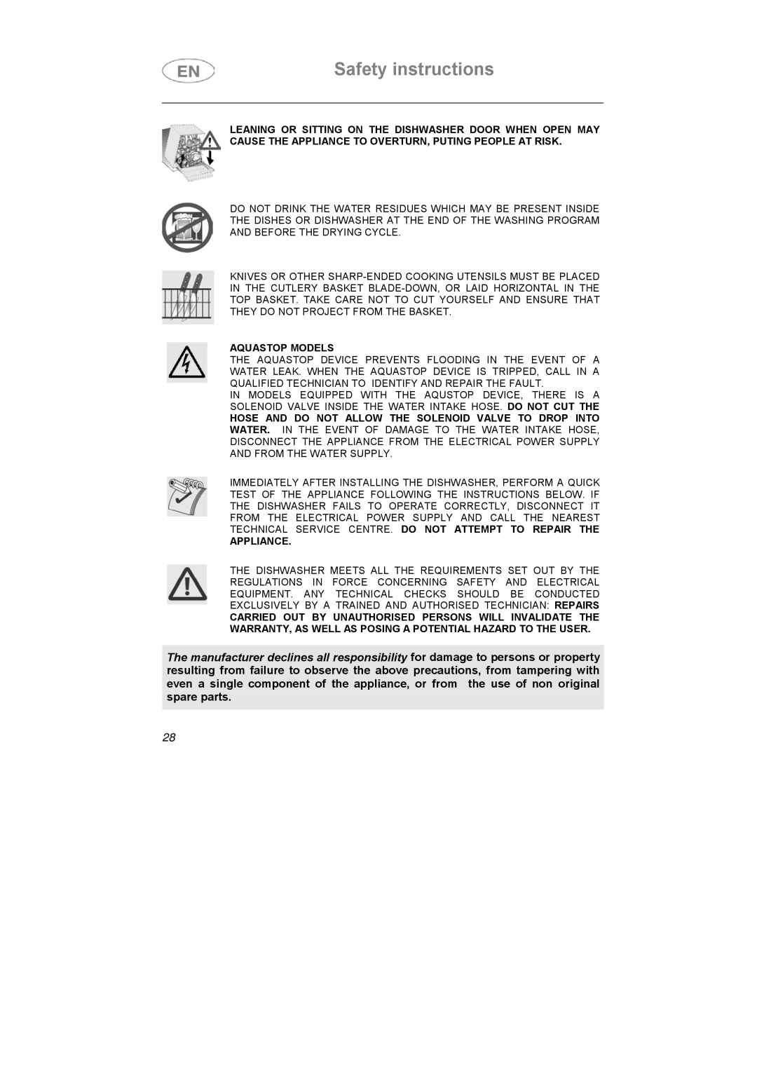 Smeg LSA4551B, LSA4551G instruction manual Aquastop Models 