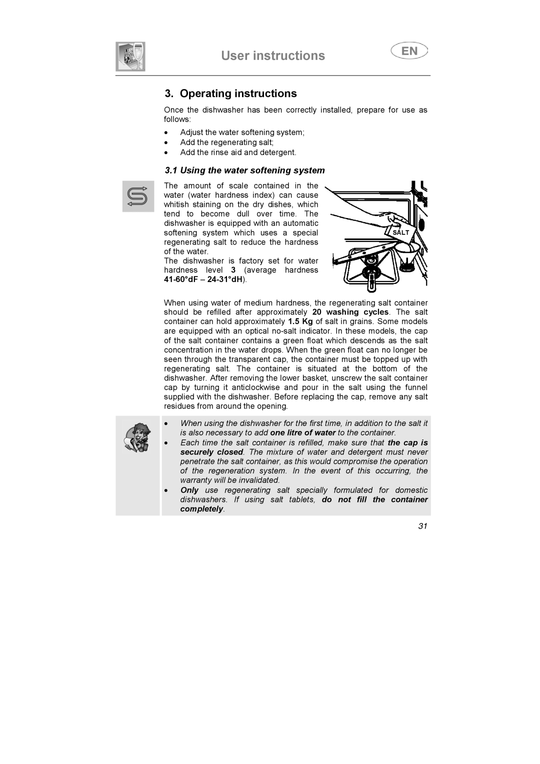 Smeg LSA4551G, LSA4551B instruction manual User instructions, Using the water softening system 