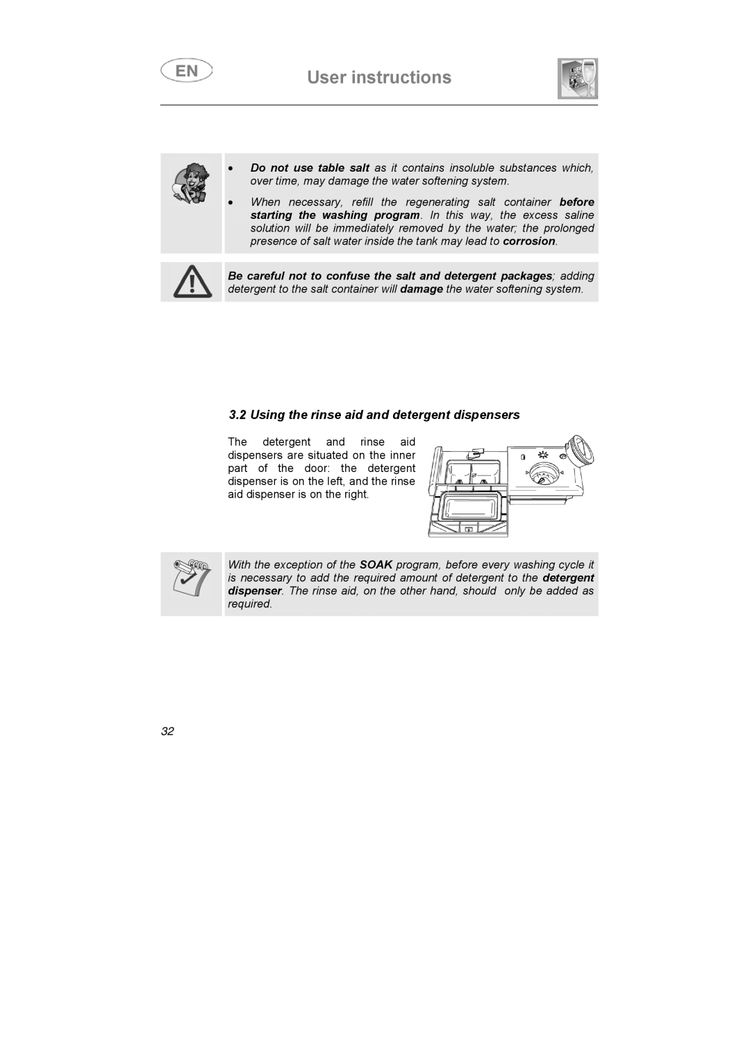 Smeg LSA4551B, LSA4551G instruction manual Using the rinse aid and detergent dispensers 