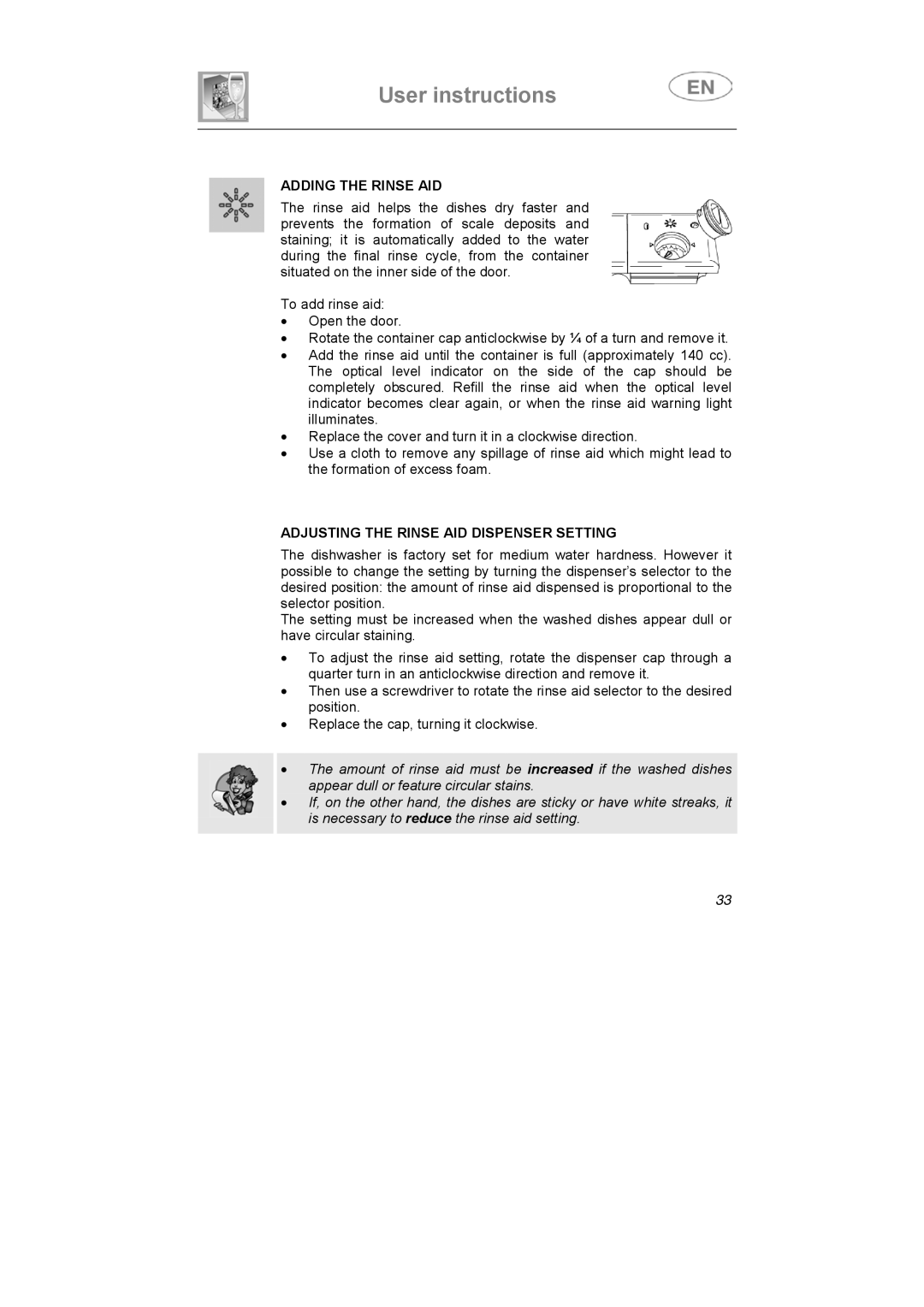 Smeg LSA4551G, LSA4551B instruction manual Adding the Rinse AID, Adjusting the Rinse AID Dispenser Setting 