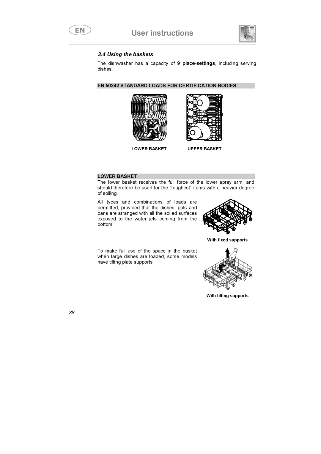 Smeg LSA4551B, LSA4551G instruction manual Using the baskets, EN 50242 Standard Loads for Certification Bodies, Lower Basket 