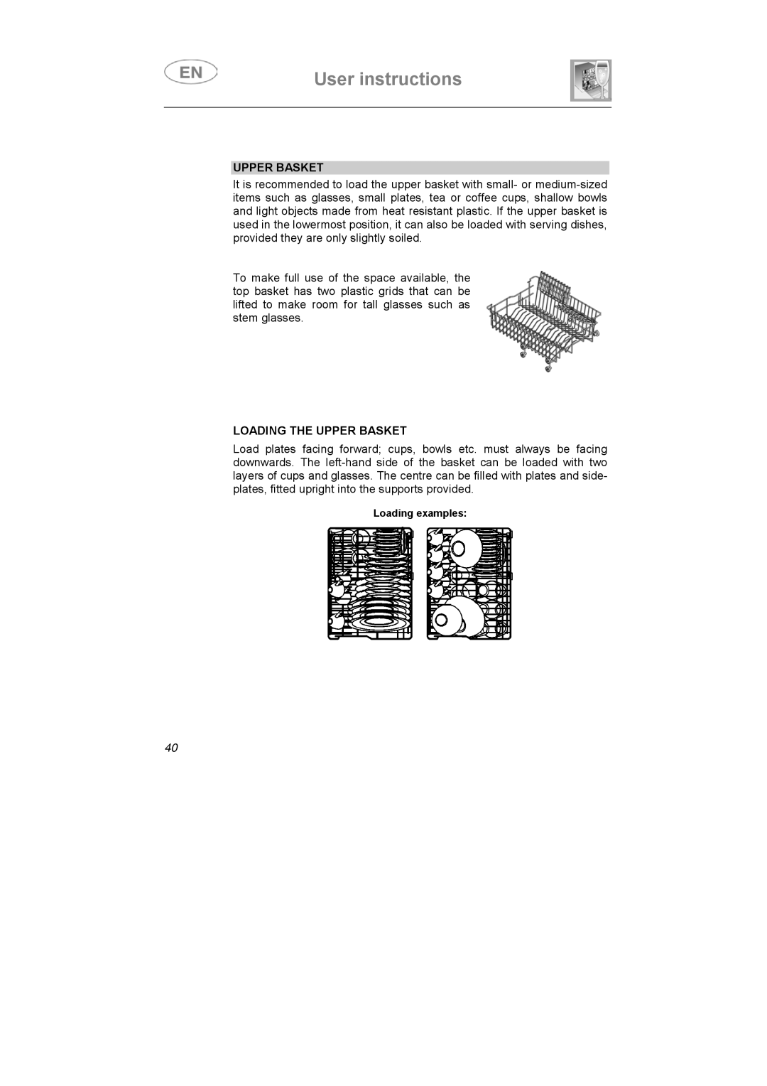 Smeg LSA4551B, LSA4551G instruction manual Loading the Upper Basket 