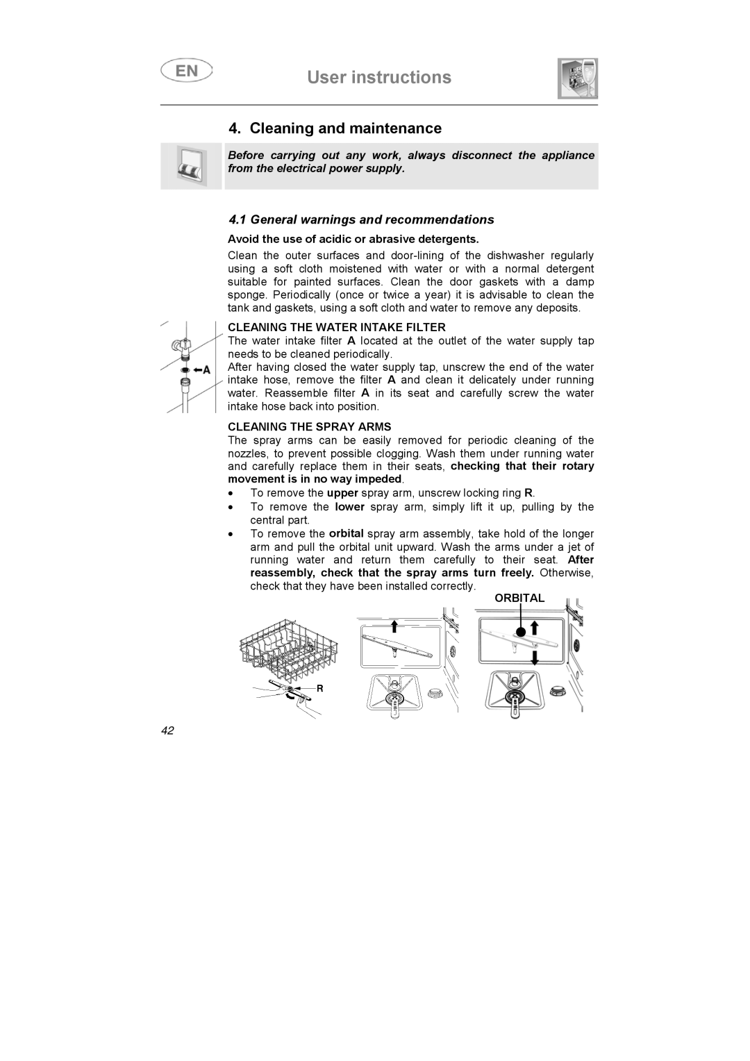 Smeg LSA4551B, LSA4551G instruction manual Cleaning the Water Intake Filter, Cleaning the Spray Arms, Orbital 