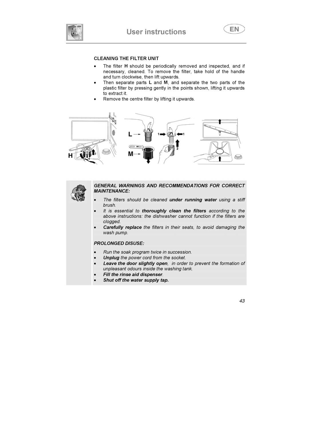 Smeg LSA4551G, LSA4551B instruction manual Cleaning the Filter Unit, Prolonged Disuse 