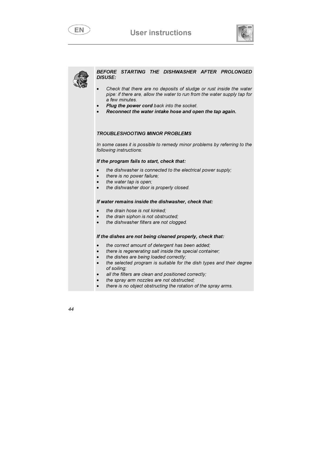 Smeg LSA4551B, LSA4551G instruction manual Before Starting the Dishwasher After Prolonged Disuse 