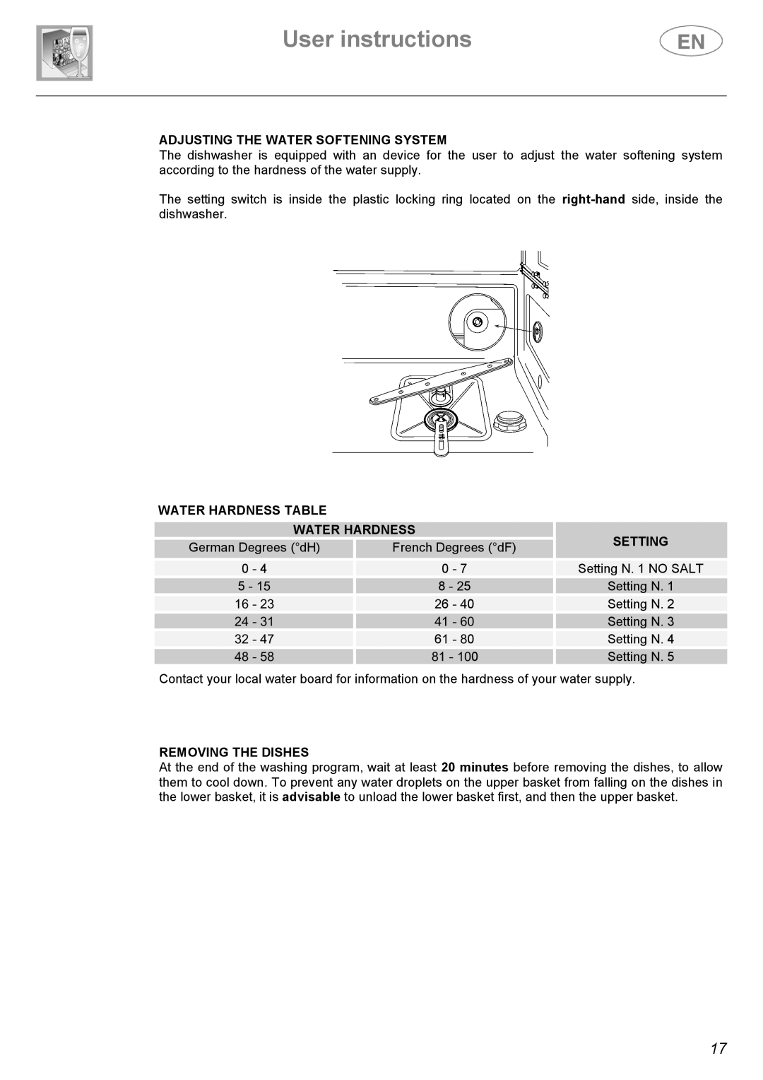 Smeg LSA4551B, LSA4551G Adjusting the Water Softening System, Water Hardness Table Setting, Removing the Dishes 