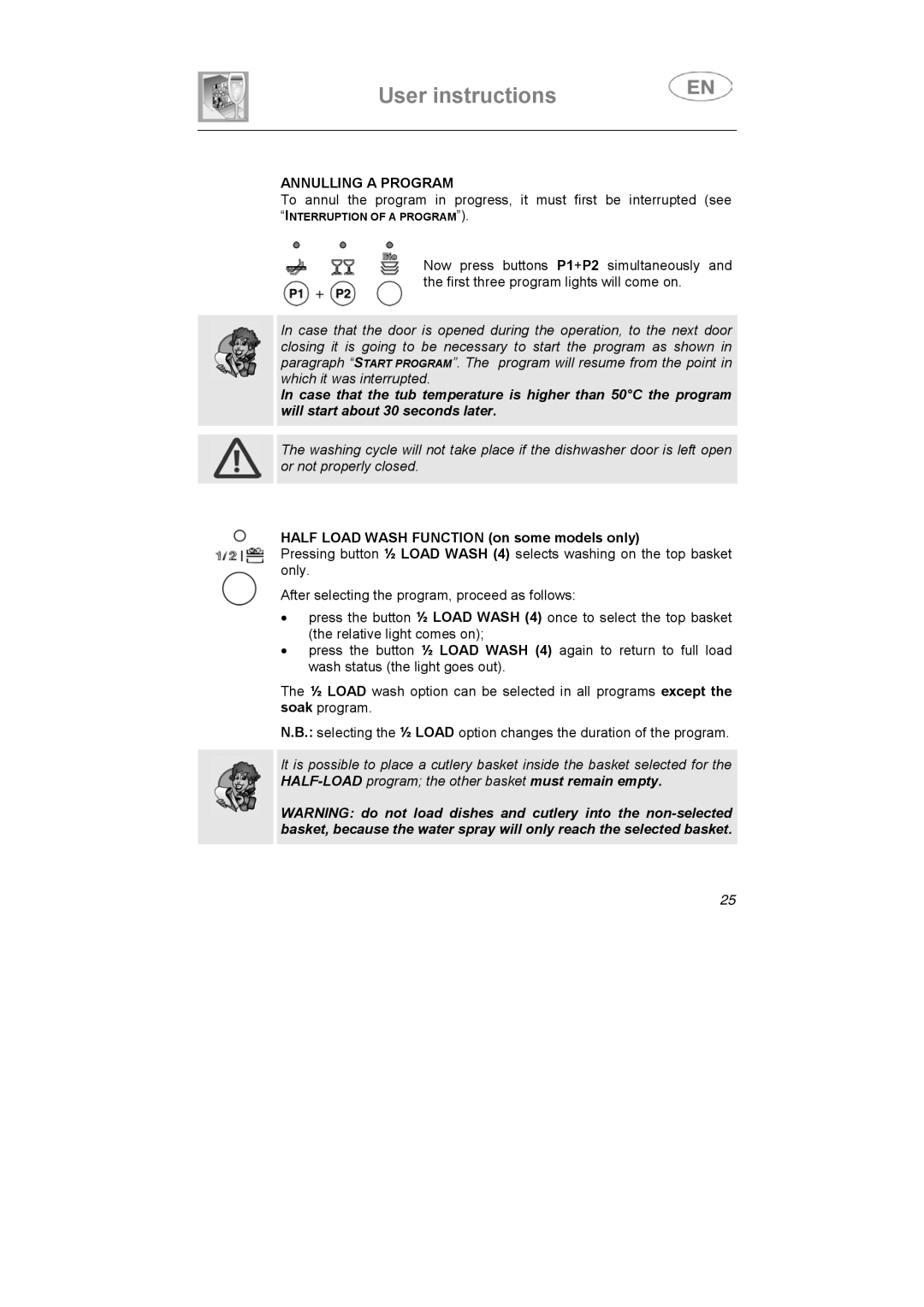 Smeg LSA6047X instruction manual Annulling a Program, Half Load Wash Function on some models only 