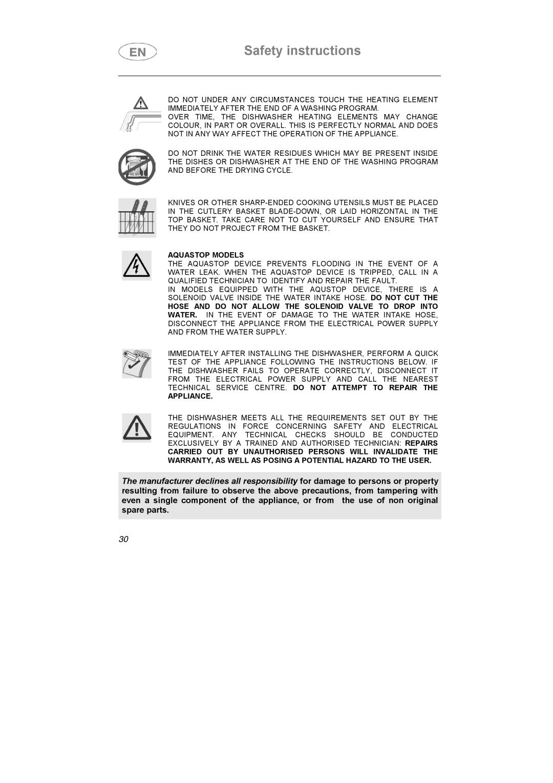 Smeg LSA6047X instruction manual Aquastop Models 