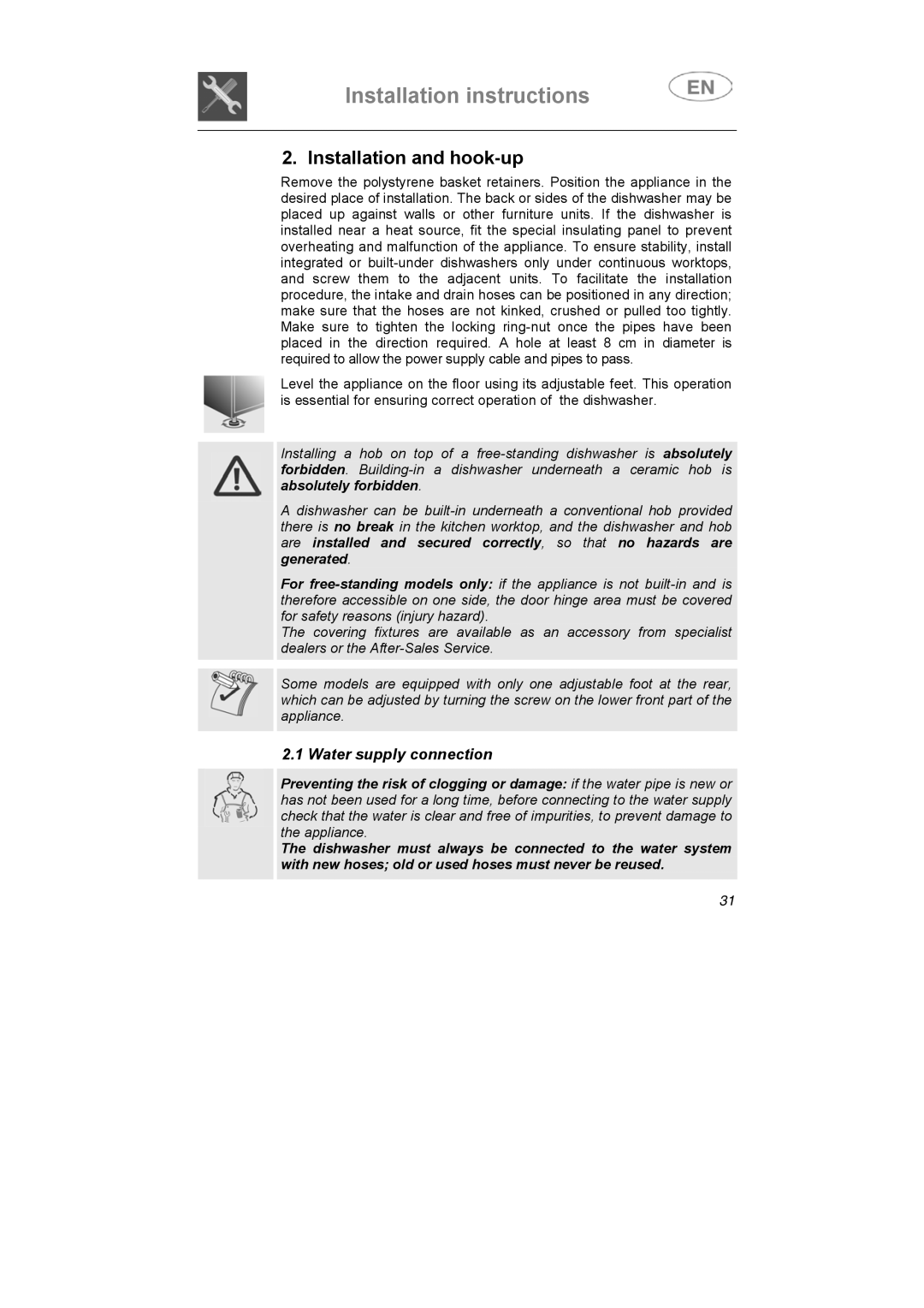 Smeg LSA6047X instruction manual Installation and hook-up, Water supply connection 