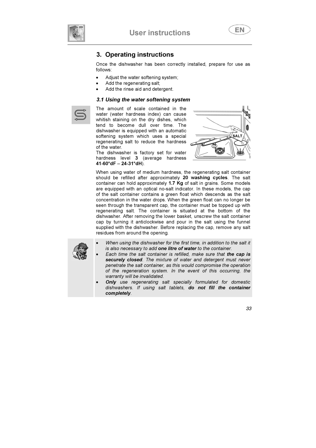 Smeg LSA6047X instruction manual Operating instructions, Using the water softening system 